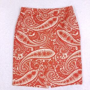 J.Crew Pencil Skirt 6 Paisley Orange White‎ Career Pockets Preppy Mod Japonisme